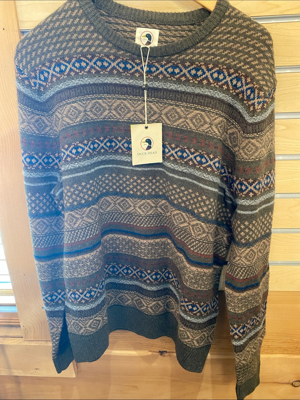 Duck Head Brown Patterned Fair Isle Crewneck Sweater with Blue Accents